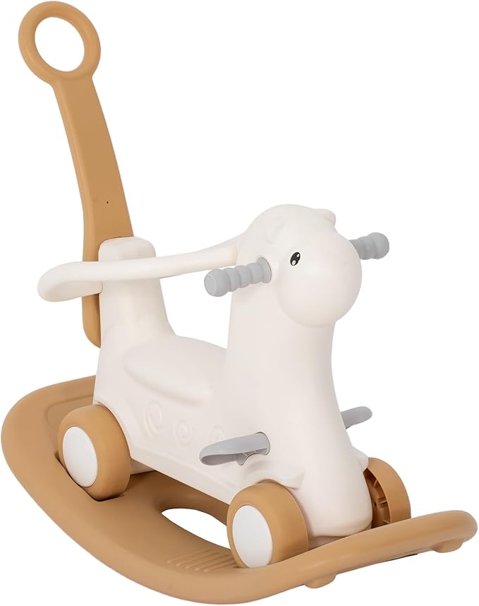 Qaba 4-in-1 Rocking Horse for Toddlers 1-3 Years, Baby Rocking Horse with Detachable Balance Board and Push Handle, Alpaca-Shaped Ride On Toy with 4 Smooth Wheels, for Baby Girls and Boys, Brown