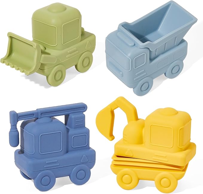 Mold Free Bath Toys 4 Pack Silicone Car Bath Toys - Truck & Construction Toys | Detachable, Squeezable & Floating Toddler Bath Toy | Bathtub Water Pool Toys for Toddler Gifts
