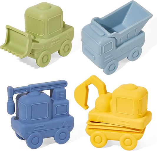 Mold Free Bath Toys 4 Pack Silicone Car Bath Toys - Truck & Construction Toys | Detachable, Squeezable & Floating Toddler Bath Toy | Bathtub Water Pool Toys for Toddler Gifts