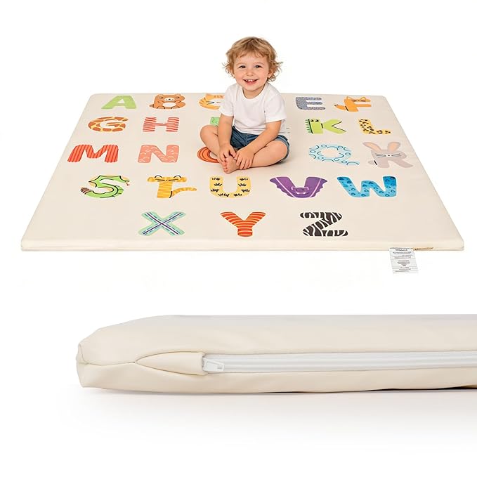 1.3" Thick Baby Play Mat for Floor，50x50 PU Leather Playpen Mat for Toddlers Infant Kids,Ultra Soft Support Cushioned & Waterproof Playmat for Baby Girls and Boys Play on Floor/Alphabet Pattern