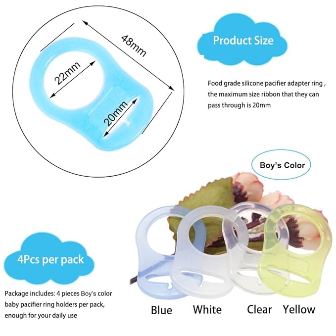 4Pcs Pacifier Adapter Rings Silicone Rings for Pacifier Clip Button Soother Dummy Pacifiers Holder Paci Clips Newborn Gift for Baby (Boy's Color)