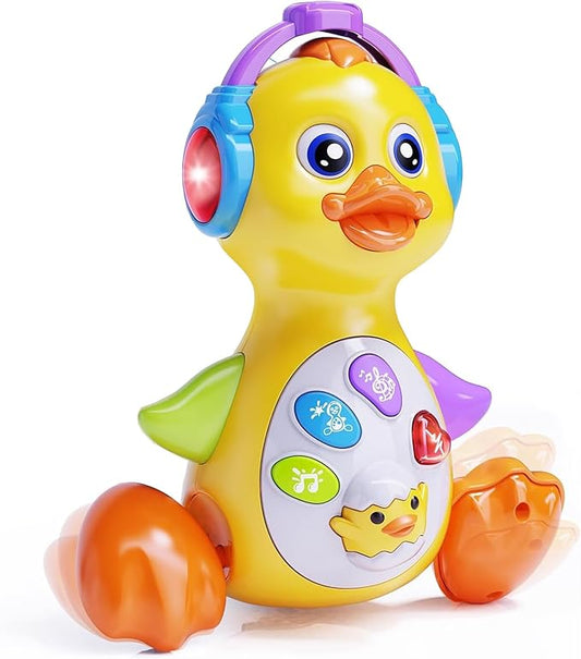 Musical Flapping Yellow Duck, Crawling Tummy Time, Educational Learning Walking Light Up Dancing Toy for 1 Year Old Baby Toddler Infant Easter Valentine Gifts