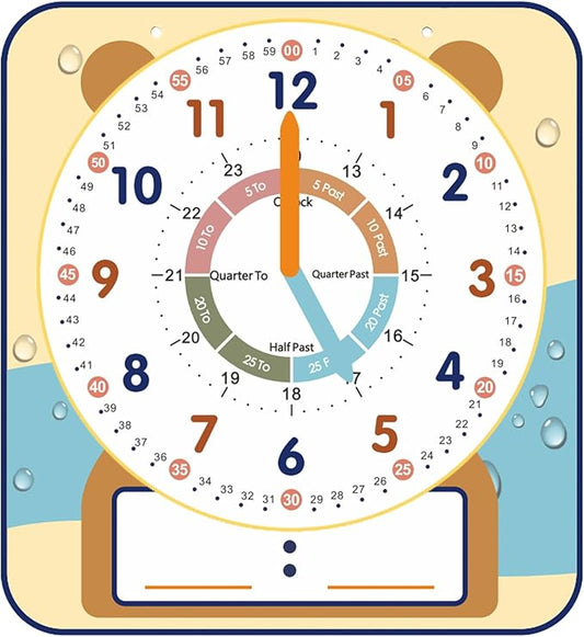 ANCOMEDO Large 12" Magnetic Writable Dry Erase Teaching Clock with Cute Style, Teaching Demonstration Clock for Kids Learning Practice Time for Home School Classroom Supplies (12" x11"-Beige)