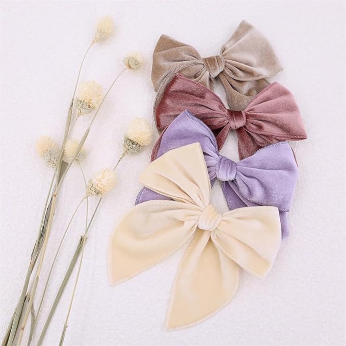 Pack of 4 Large Velvet Fable Bow Hair Clips for Kids Toddler Girl Mom Velvet Hair Bow Alligator Clips Baby Girls Women Hair Accessories (Cream/Mauve)