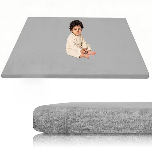 Velvet Baby Play Mat for Floor, 1.3" Thick Elasti-Foam 50"×50" Playpen Mat with Removable & Washable Velvet Cover for Toddler, Infant,Kids, Non-Slip Crawling Mat for Tummy Time (Grey)