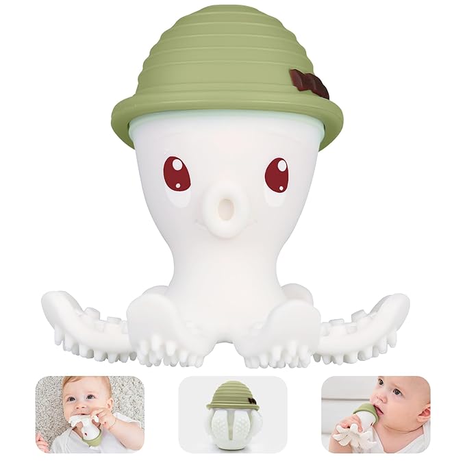 Mombella Octopus Teether for Babies 3 Months Up, Soft Silicone Infant Teething Toy, Functional Baby Chew to Soothe Sore Gums, BPA Free, Grass Green