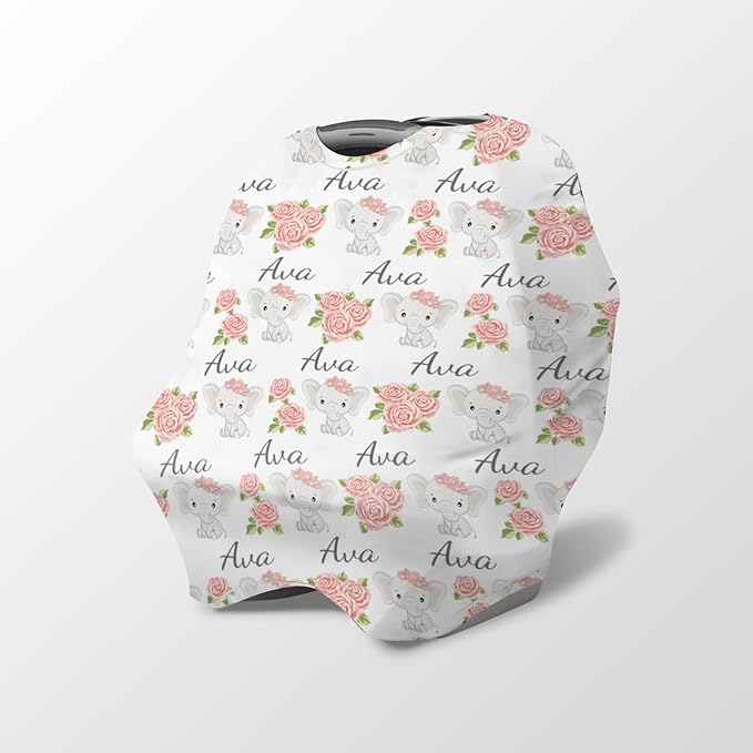 Personalized Baby Car Seat Cover Stroller Canopy: Custom Name Newborn Baby Boy Girl Elastic Elephant Nursing Cover for Moms First Birthday Gift Pink Flowers(one Size)