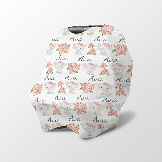 Personalized Baby Car Seat Cover Stroller Canopy: Custom Name Newborn Baby Boy Girl Elastic Elephant Nursing Cover for Moms First Birthday Gift Pink Flowers(one Size)