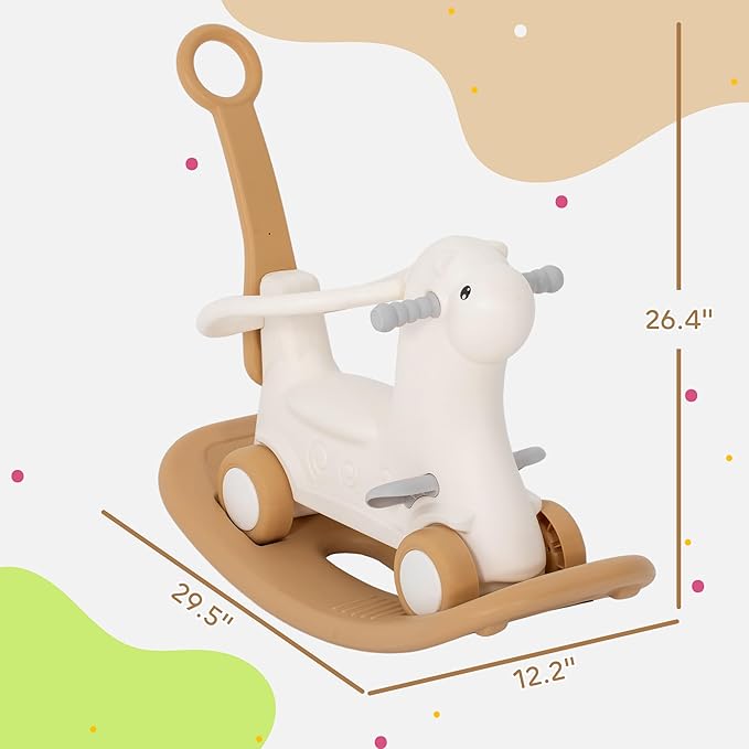 Qaba 4-in-1 Rocking Horse for Toddlers 1-3 Years, Baby Rocking Horse with Detachable Balance Board and Push Handle, Alpaca-Shaped Ride On Toy with 4 Smooth Wheels, for Baby Girls and Boys, Brown