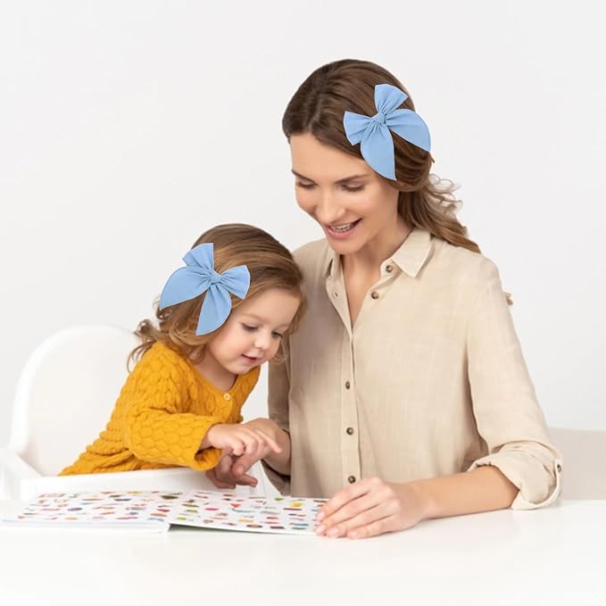 YUESE Linen Bow Hair Clip for Girls & Women – Soft Cotton Linen Fabric, Handmade Large Bow Barrette, Lightweight Hair Accessory for Daily Wear, School, Party & Gift (Blue)
