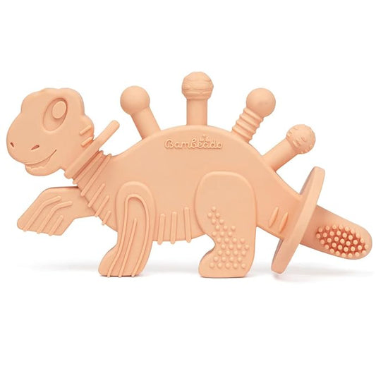 Bambeado Dibly Baby Teething Toy - Made with Natural Rubber & Amber Elements - Gentle Support, Easy to Hold, Simple to Clean - Cute Dinosaur Teether Toy - Alternative to Amber Teething Necklace Pink