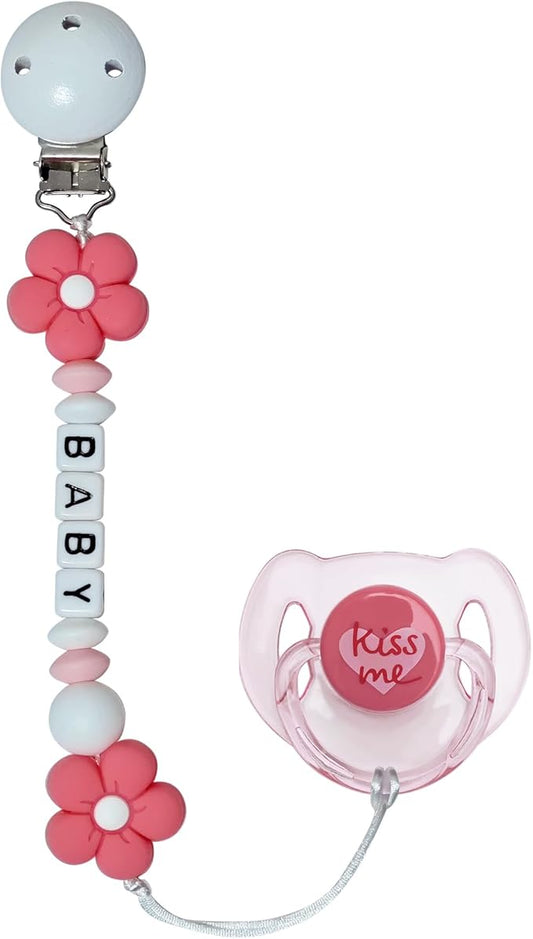 Pink Flowers Pacifier Clip with Cute Magnetic Pacifier Reborn Dolls Toy Accessories (Flowers)