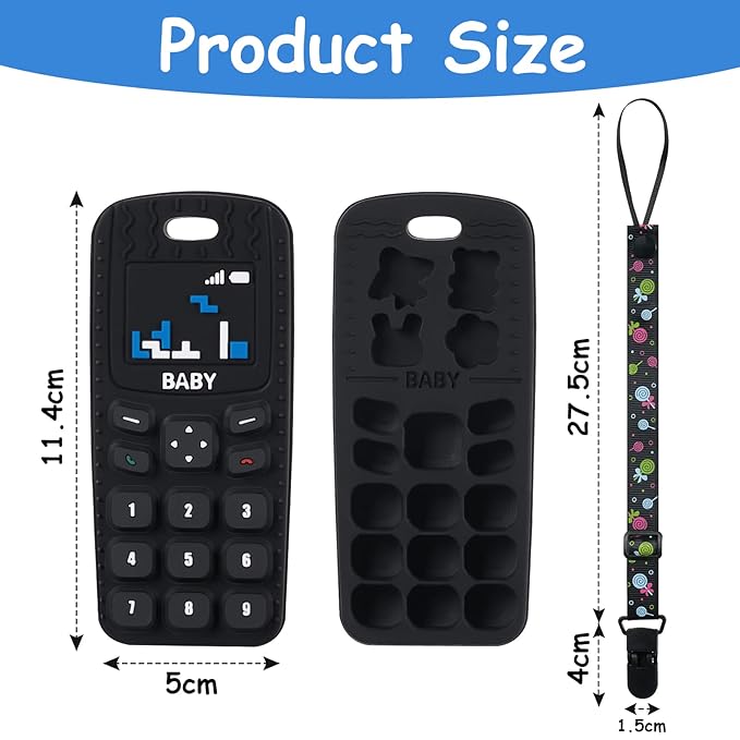 Aolso Baby Teether Toys, Silicone Baby Teething Toys Phone Shape with Pacifier Clip, Soft Teething Toys for Toddlers, BPA Free, Boys Girls Baby Chew Toys, Teethers for Babies 0-6 Months (Black)