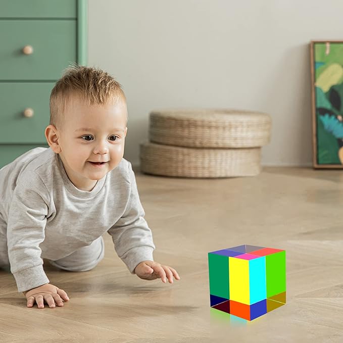 CMY Color Cube, 2.75 inch (70mm) Acrylic Multi-Color Cube Prism for Physics Education Learning and Office Desktop Decor, Scientific Toys and Gifts for Kids