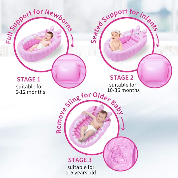 | Inflatable Baby Bathtub,Newborn Bathtub Seat for Infant,Non-Slip Baby Pool for Sitting up,Foldable Toddler Tub Shower,Portable Travel Bath for Kids 0-6 Year (Pink, Animal Print)