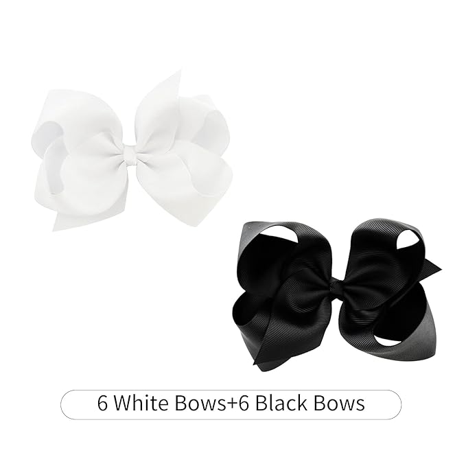 DEEKA 12 PCS 6" Big Hand-made Grosgrain Ribbon Hair Bow Alligator Clips Hair Accessories for Little Teen Toddler Girls - White/Black
