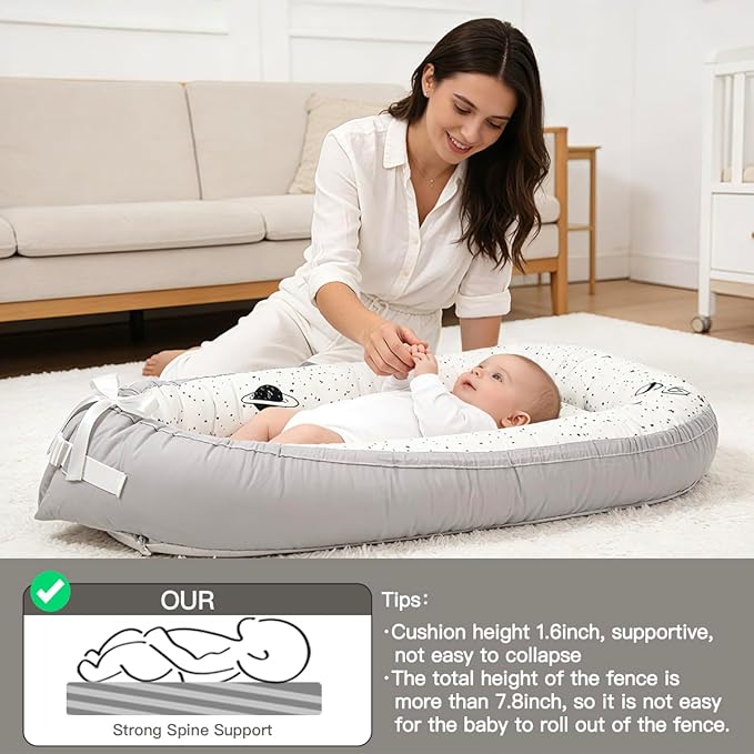 Baby Lounger | Organic Cotton Infant Lounger | Reversible, Adjustable & Portable Floor Lounger | Soft, Breathable, Washable Cover