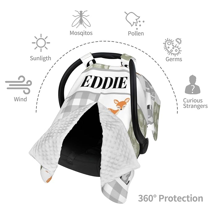 Personalized Baby Car Seat Canopy for Babies, Custom Name Car Seat Covers for Boys and Girls, Opening Minky Nursing Breastfeeding Cover for Infant, Carseat Canopies for Newborn (Woodland Animals)