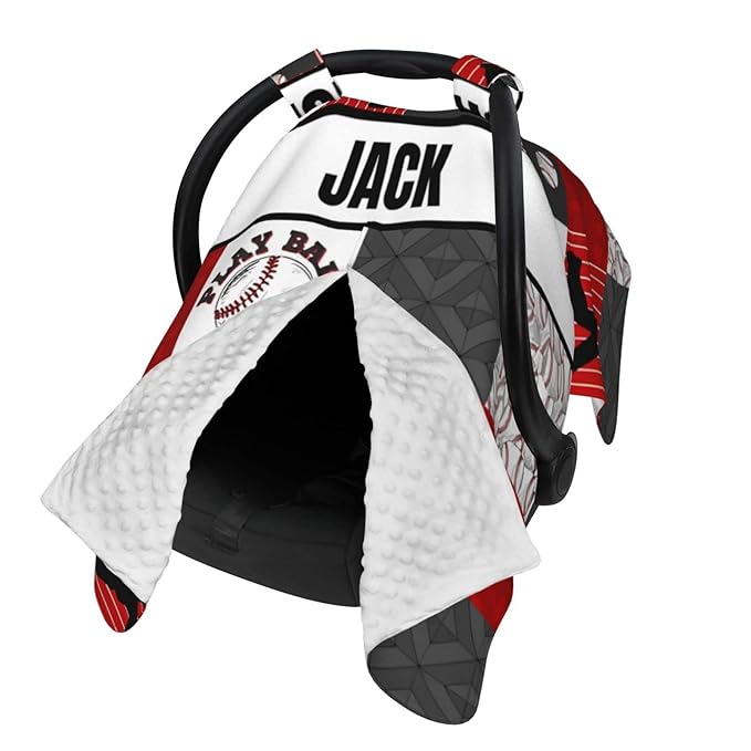 Personalized Baby Car Seat Canopy for Babies with Name, Custom Car Seat Covers for Boys Girls, Infant Opening Minky Nursing Breastfeeding Stroller Cover Carseat Canopies for Newborn (Baseball)