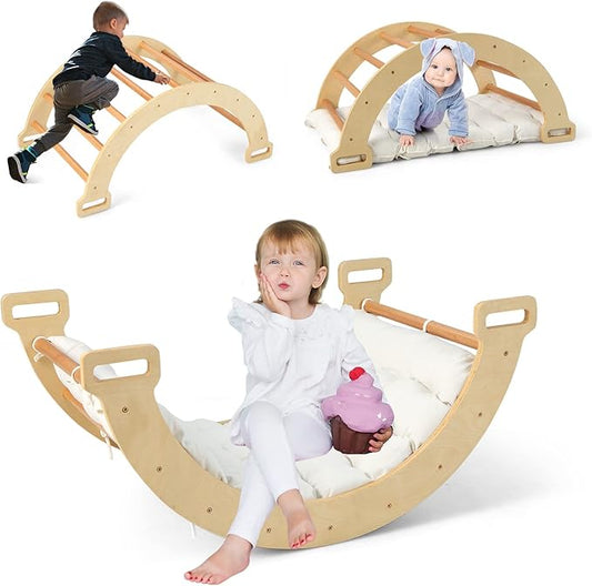 INFANS Wooden Arch Climber Rocker with Soft Cushion, 4 in 1 Montessori Climbing Ladder Toys for Toddlers, Waldorf Indoor Baby Children Ladder Gym Learning Playset Gift for Kids Boys Girls