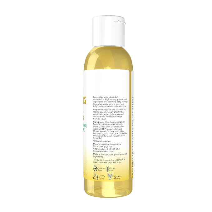 NOW Baby, Soothing Baby Oil, Fragrance Free, No Artificial Fragrance, Parabens, Phthalates, or Petrolatum, 4-Ounce