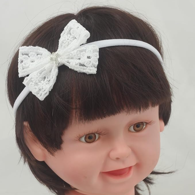 Nihao Baby Off White Lace Bow Small Baptism Headband for Baby Girls -2 PCS