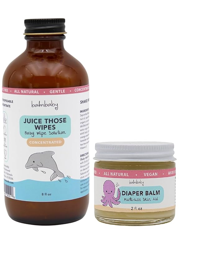 BALM! Baby Juice Those Wipes and Diaper Balm - Baby Wipes Concentrated Solution + Baby Diaper Rash Balm - All Natural for Cloth or Disposable - Cloth Safe - Plastic Free - Glass Containers