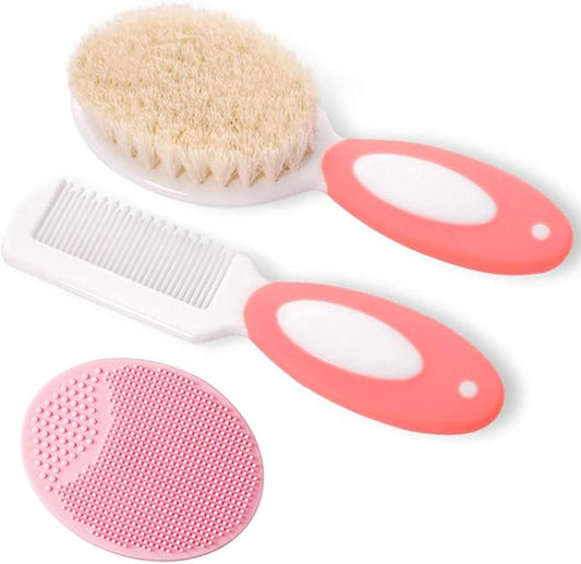 Baby Hair Brush and Comb Set for Newborns & Toddlers，Natural Soft Bristles，Ideal for Cradle Cap， Baby Registry Gift (Pink)