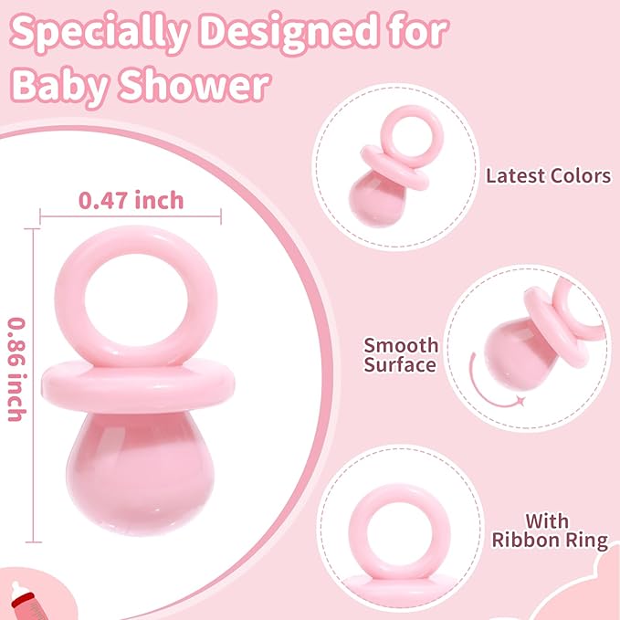 Baby Shower Pacifiers, 150 Mini Pacifiers for Baby Shower, Cute Plastic Pacifiers for Baby Shower Game, Decoration DIY, Gender Reveal Party Table Scatter/Baby Shower Party Favors (Pink)