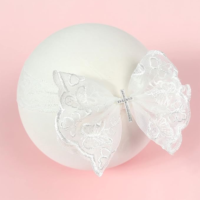 BIBABLYKE Baby Lace Bow Headband for Girls Breathable Bowknot Hair Bands Toddler Christening Party Headdress Cross Turban Hairband Lace
