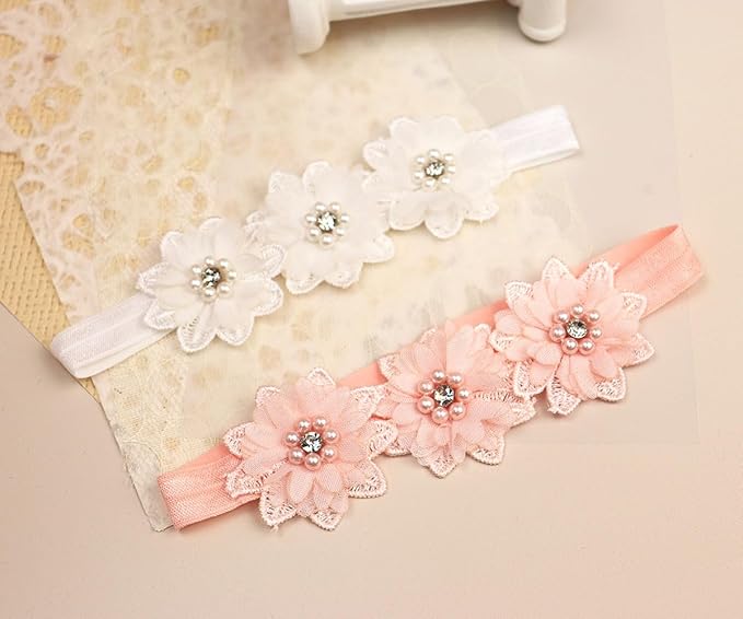 Bethynas White Flower Lace Elastic Headband for Baby Girls Floral Baptism Christening Toddler Hairband Infant Flower Pearl Birthday Party Hair Accessory for Newborn Girl (Pink)