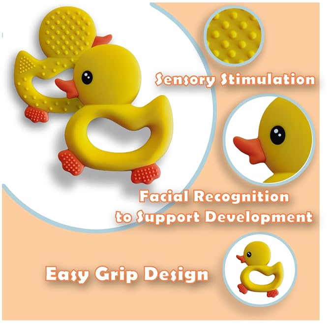 [BabyBite] Baby Teething Toys Cute Duck Teether for Sensory and Developmental Play for Baby and Toddler 100% BPA Free Food Grade Silicone (Yellow)