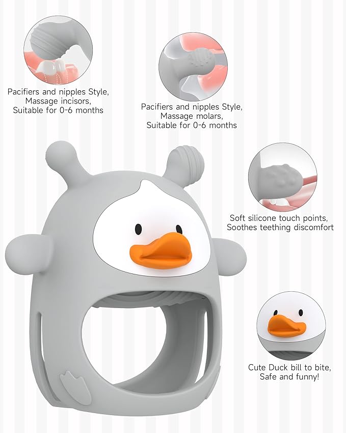 Baby Teething Toys,Silicone Baby Teether Toy for Infants 3+ Months, Never Drop Silicone Baby Mitten Teether for Soothing Teething Pain Relief, Baby Chew Toys for Sucking Needs, BPA Free (Grey)