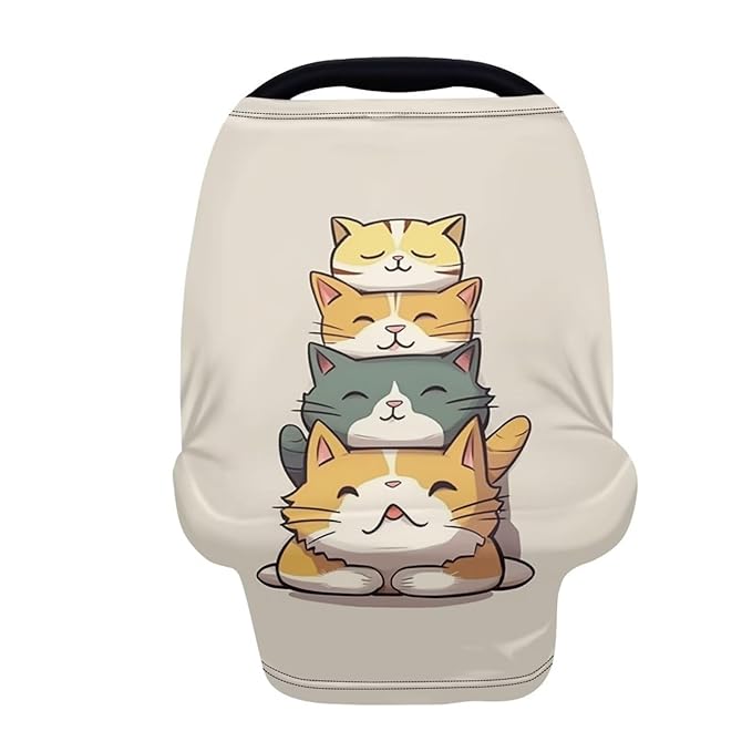 HUIACONG Stacking Cat Nursing Scarf CuteBaby Car Seat Covers Puzzle Kitty Nursing Cover for Girls Boys Infant Stroller Cover Multi Use Soft Stretchy Carseat Canopy Beige