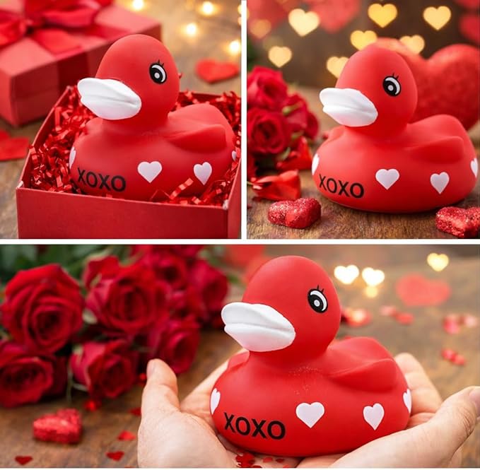 4E's Novelty 3" Valentines Rubber Duck - 2 Pack Large Red XOXO Sweetheart Ducky for Romantic Decoration, Jeep Ducking, Bath Toy, Cake Topper, Party Supplies, Valentines Gift for Him Her