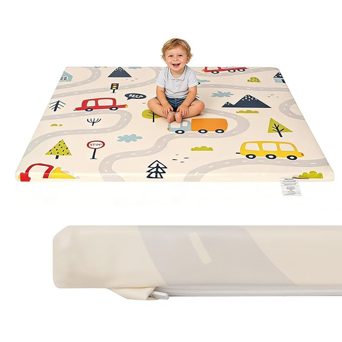 1.3" Thick Baby Play Mat for Floor，50x50 PU Leather Playpen Mat for Toddlers Infant Kids,Ultra Soft Support Cushioned & Waterproof Playmat for Baby,Non-Slip Backing Safe for Crawling/Car Pattern