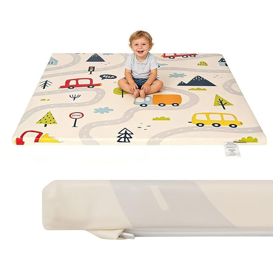 1.3" Thick Baby Play Mat for Floor，50x50 PU Leather Playpen Mat for Toddlers Infant Kids,Ultra Soft Support Cushioned & Waterproof Playmat for Baby,Non-Slip Backing Safe for Crawling/Car Pattern