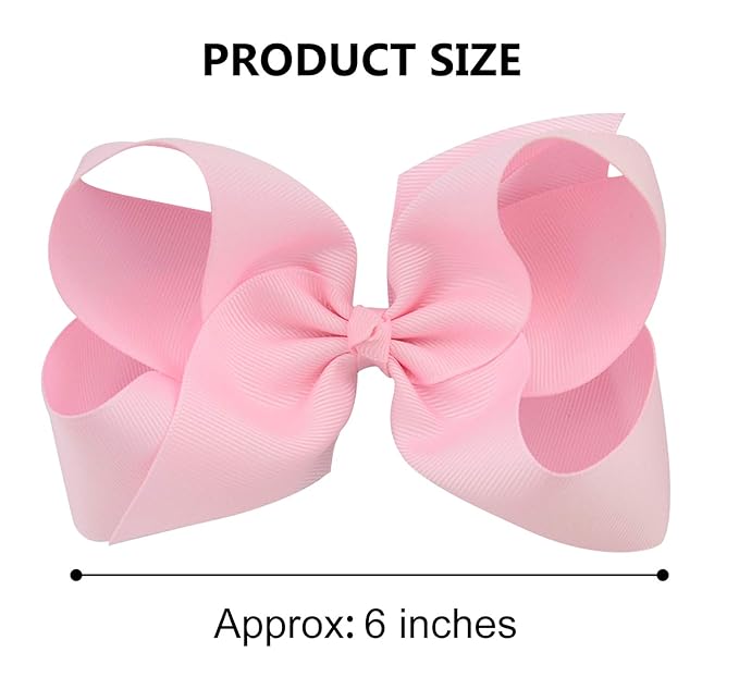 DEEKA 2 PCS 6" Big Hand-made Grosgrain Ribbon Solid Color Hair Bows Alligator Clips Hair Accessories for Little Teen Toddler Girls Kids Set of 2 -Light Pink