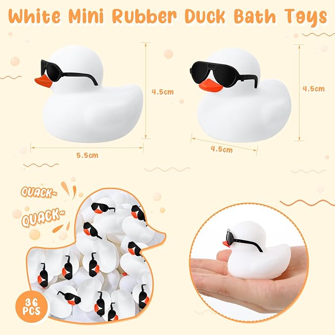 Sosation 36 Packs Mini Rubber Ducks with Sunglasses Sets 2.2 Inch Bath Squeaky Rubber Duckies Cute Float Bathtub Toys for Birthday Party Favors Class Carnival Prizes Car Decor(White)