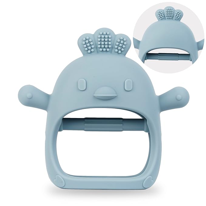 Baby Teether Toy for Infants 3–12 Months, Silicone Chew Toy with Easy Grip Handle, Textured Surface for Teething Stage, One-Piece Design, Lightweight Travel-Friendly (Chicken Dusty Blue)