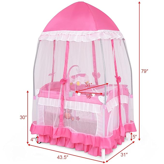 INFANS 4 in 1 Pack and Play, Portable Nursery Center Playard with Bassinet, Adjustable Canopy, Mattress, Diaper Changer, Carry Bag, Whirling Toys Music Box for Baby Boy Girl (Pink)