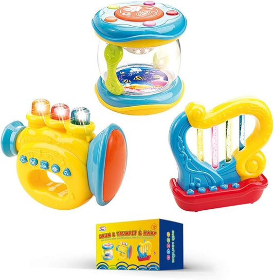 WEofferwhatYOUwant Baby Musical Instrument Set – 3 Piece Trumpet Drum Harp Bundle with Lights Songs Lullabies Interactive Play Modes Batteries Included BPA-Free Travel Ready Musical Gift for Toddlers