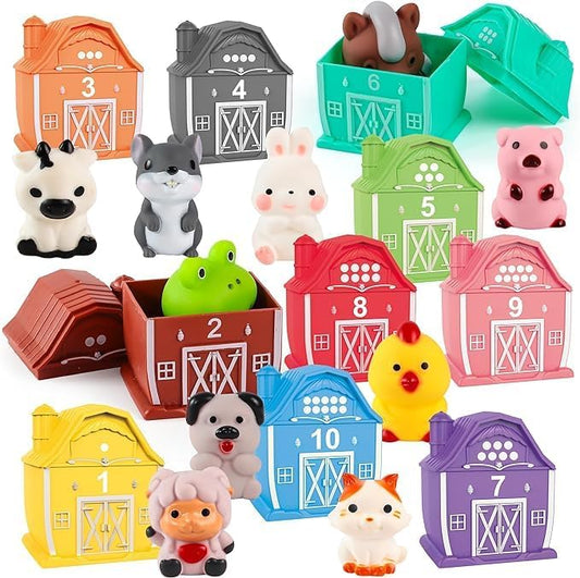 EnAuRoL Learning Barn Toys for Toddlers 3+ Years Old, 20 Pieces Farm Animal Finger Puppets for Kids, Montessori,Counting, Matching and Color Sorting Set, Christmas Birthday Gift for Boys Girls