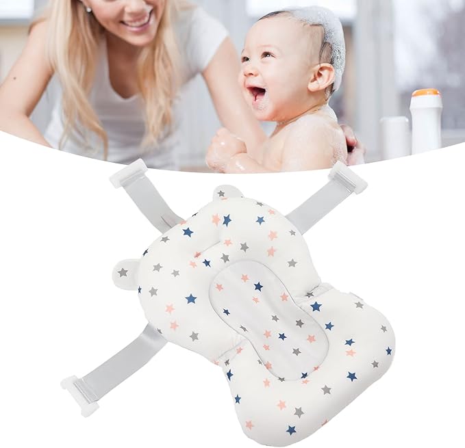 Baby Bath Seat, Baby Bath Cushion Floating Newborn Bathtub Mat Baby Bath Mat Infant Bath Supporter Net Baby Bathtub Pillow Bath Supporter for Newborn (White Stars)