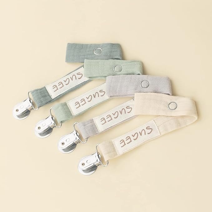 Baby Pacifier Clip Leash Holder Unisex for 4 Pack Gift Set with Neutral Solid Colors ;Soft Linen Pacifier Clips ; Fabric Pacifier Strap with Clip Keeps Pacifiers & Teethers in Place
