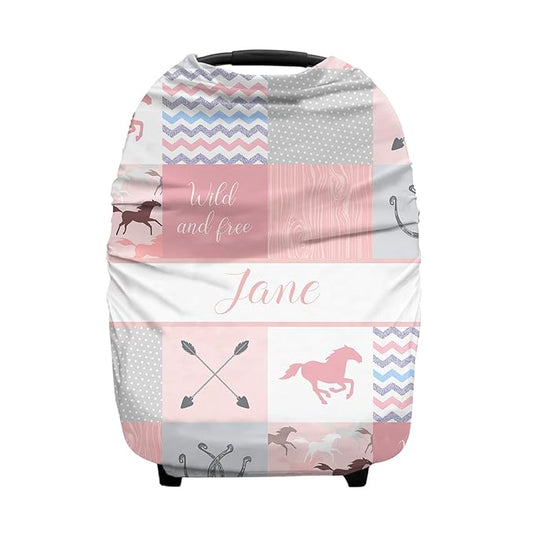Personalized Baby Car Seat Cover for Baby Girls, Custom Nursing Covers for Breastfeeding with Name, Horse Pink Infant Stroller Cover, Baby Carseat Canopy for Newborn, Multiuse Car Seat Canopies