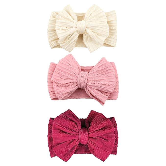 3 Pcs Valentines Baby Bows Headbands Soft Nylon Hairbands Super Elastic Headband Hair Accessories For Baby Girls Infant Toddler Essentials (Beige Pink Red, Mid)