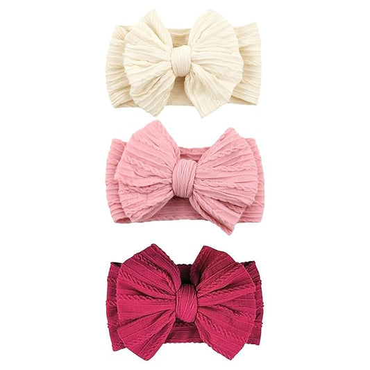 3 Pcs Valentines Baby Bows Headbands Soft Nylon Hairbands Super Elastic Headband Hair Accessories For Baby Girls Infant Toddler Essentials (Beige Pink Red, Mid)