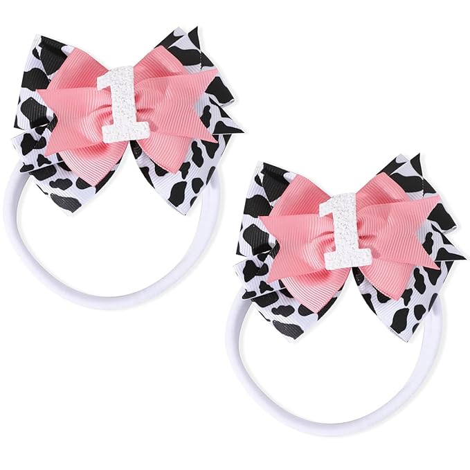 Birthday Hair Bow for Baby Girls - 2Pc Pink Sprinkle Hair Clips for 2nd Birthday Glitter Ice Cream Baby Bow Party Decorations for Girls Toddlers Hair Accessories (Cow Print -1 Year)