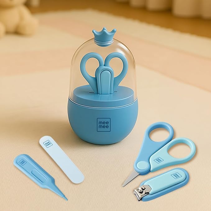 Mee Mee Baby Grooming Kit - Nail Clipper, Nail Filer, Scissors, and Small Tong for Safe and Easy Grooming (Blue)